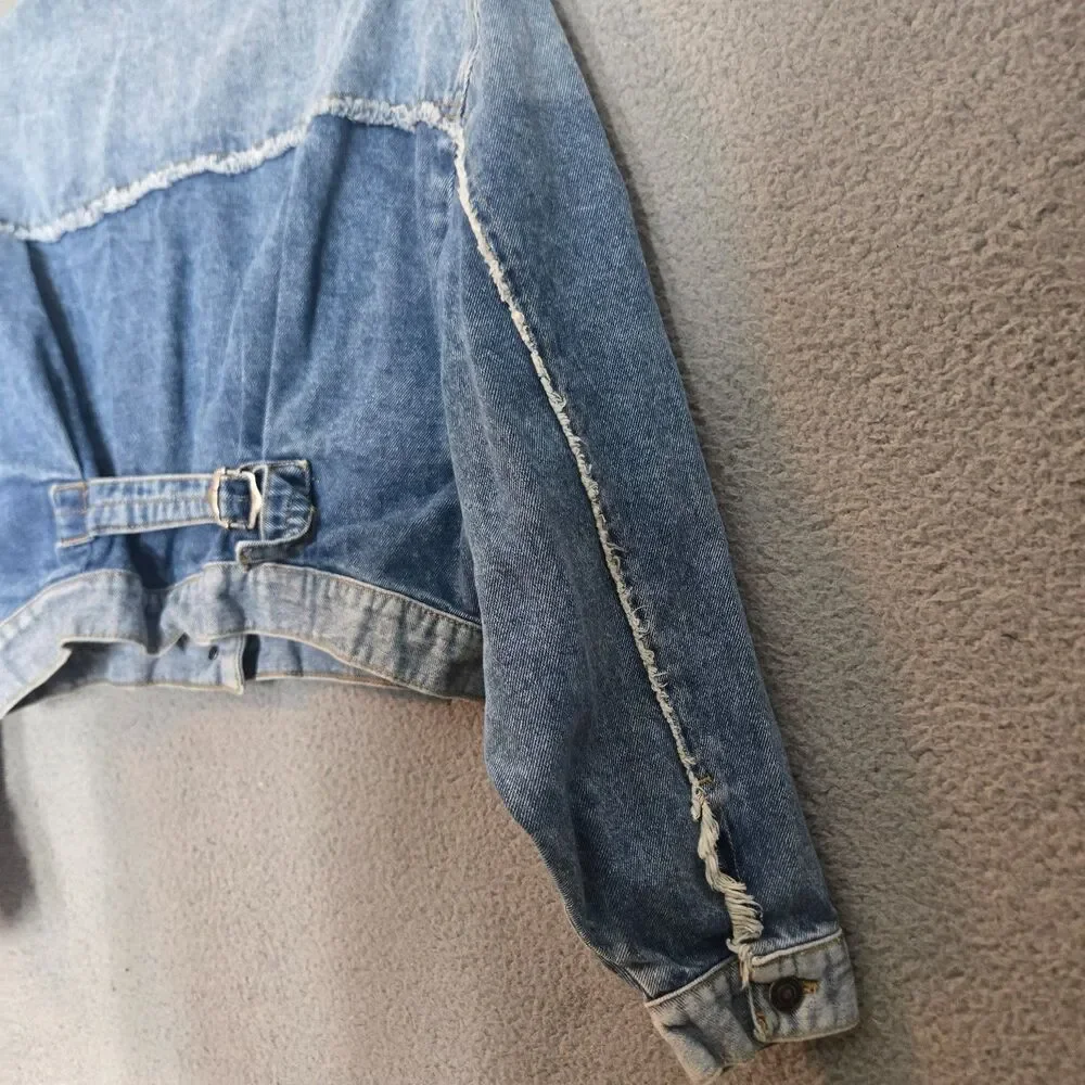 Free People We the Cropped Denim Jacket Womens Blue Frayed Cinch Back 100% M